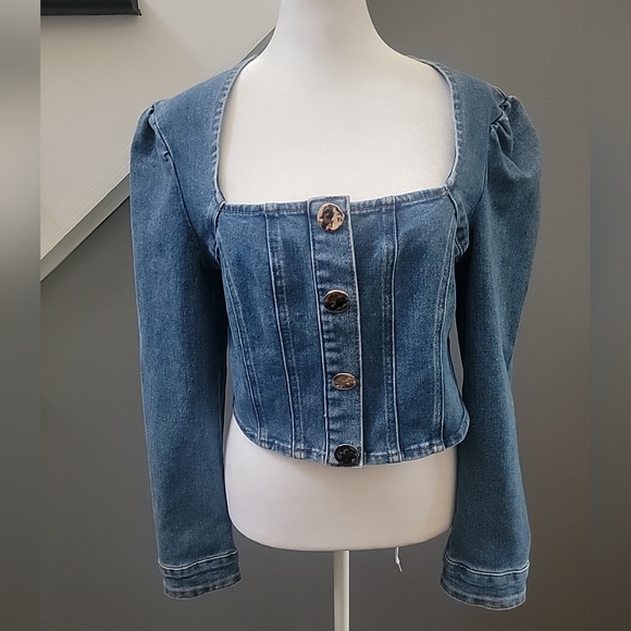 AVEC LES FILLES Puff Shoulder Denim Snap Up Jacket Top Size Large - Picture 2 of 6